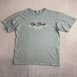 Y2K Six Flags Magic Mountain Blue Short Sleeve Graphic Shirt Men's Medium